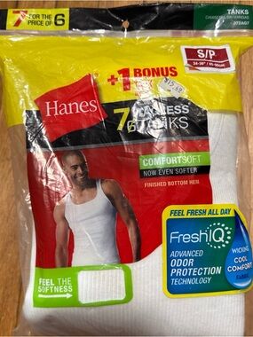 2015 Hanes 100% Cotton Small 7 Tagless Tanks Athletic T-shirt Cool Comfort White